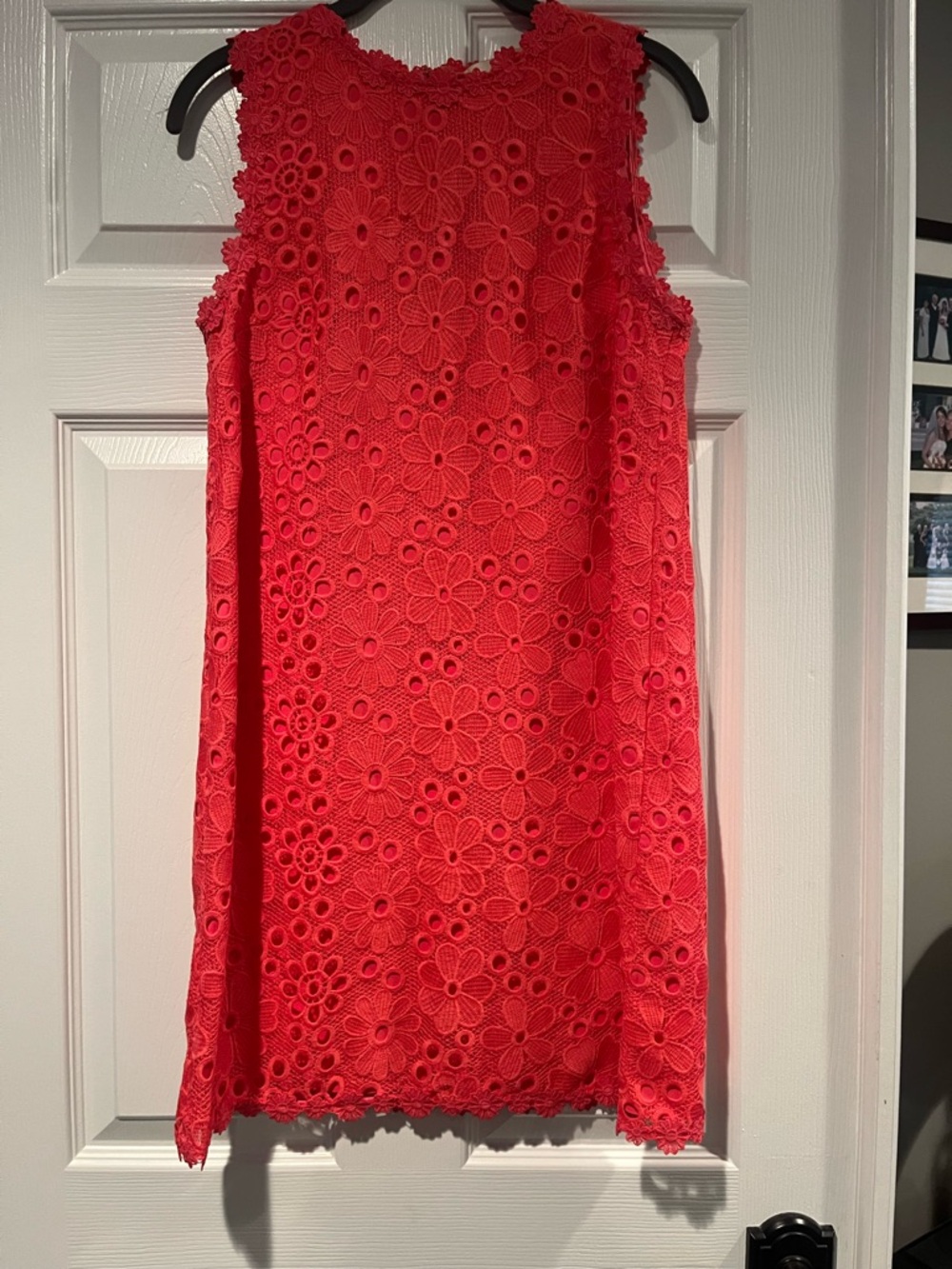 Sleeveless Floral Lace Shift Dress in Bright Coral